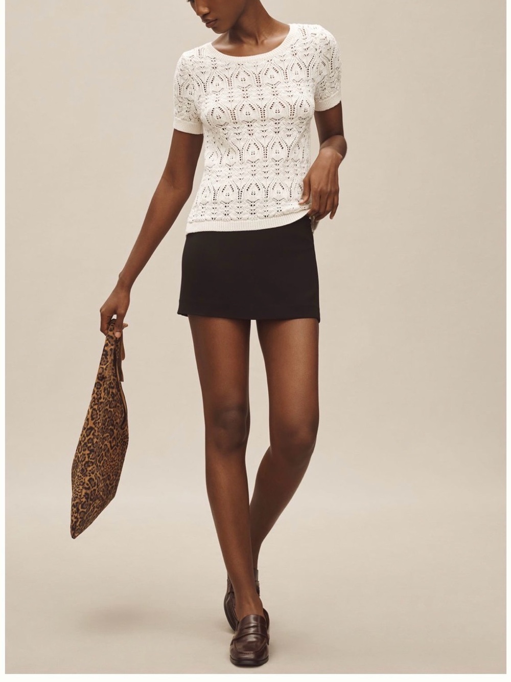 Anthropologie Ivory Crochet-Stitched Crew Sweater Tee
